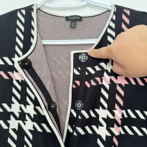 Talbots Size MEDIUM Pink White Herringbone Long Snap Button Cardigan - Picture 4 of 8